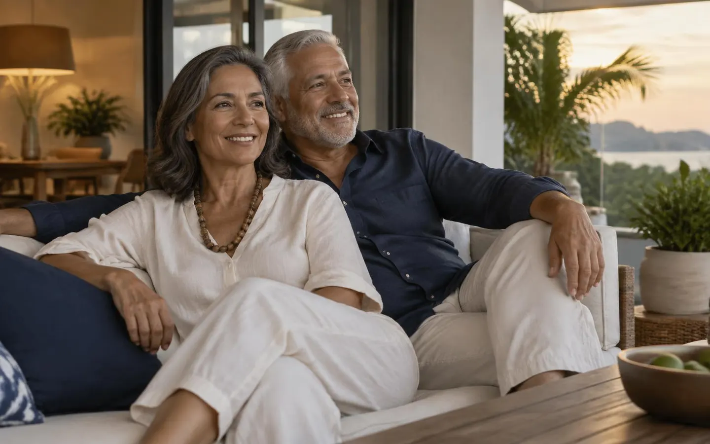 Casal maduro descansando em uma varanda residencial