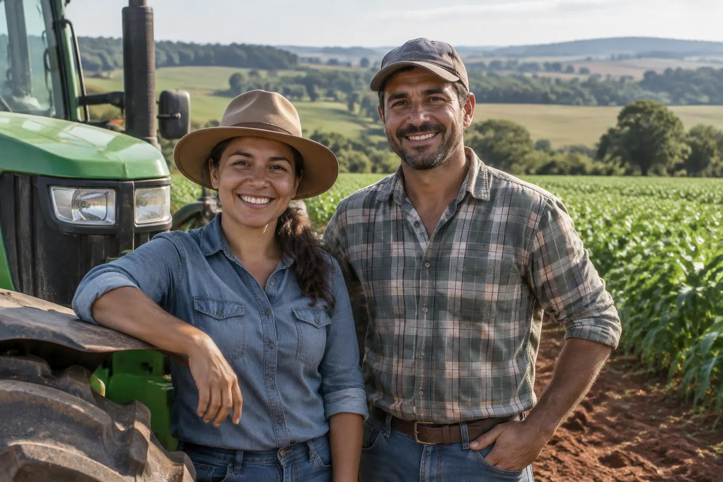 Produtores rurais ao lado de um trator no campo