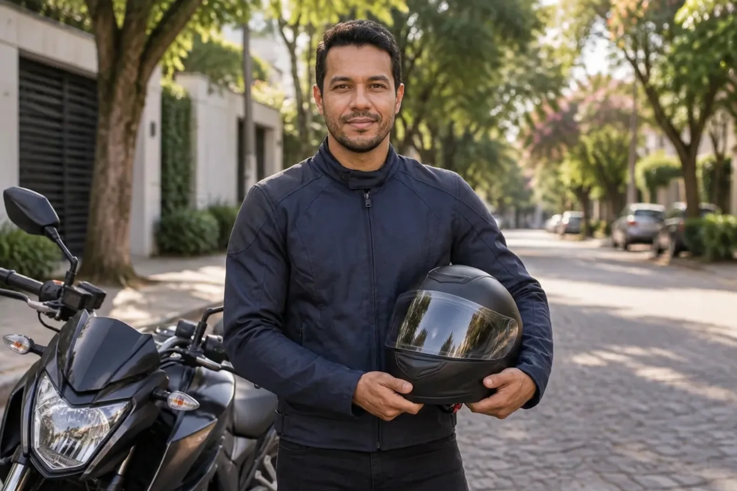 Homem com capacete nas mãos ao lado de uma moto